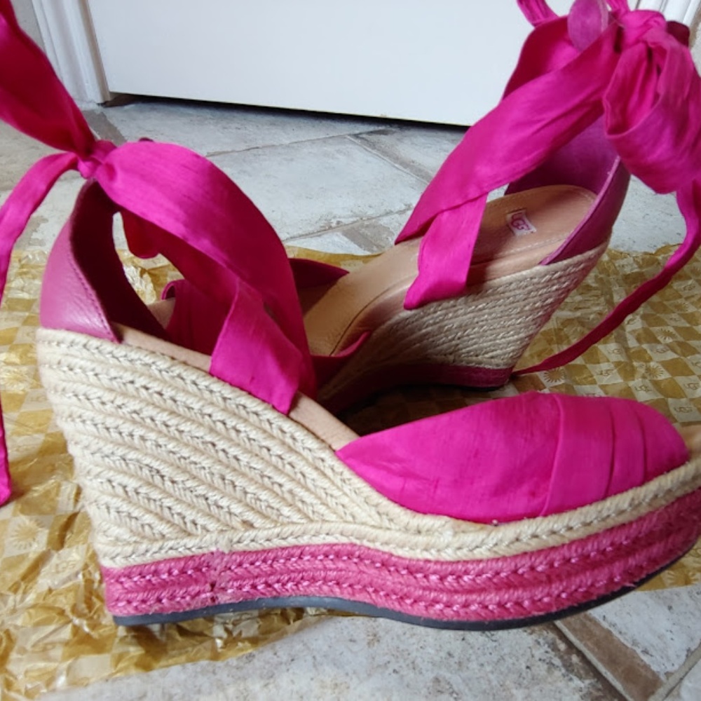 Pink (Raspberry) Silk Ankle Wrap Wedge
